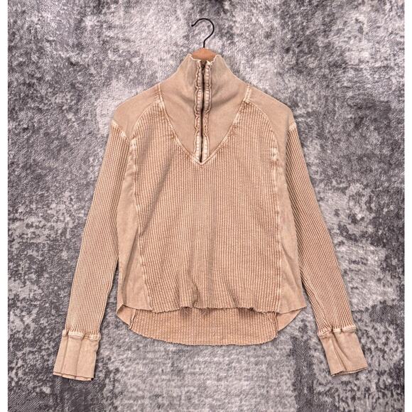 Free People Top Small Womens Thermal Waffle Zip Neck Long Sleeve - Picture 1 of 8